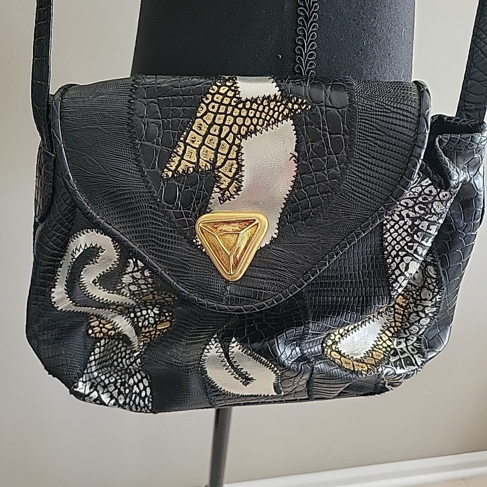 VINTAGE 80s Patchwork Metallic Adjustable Strap Purse‎ Retro Unbranded